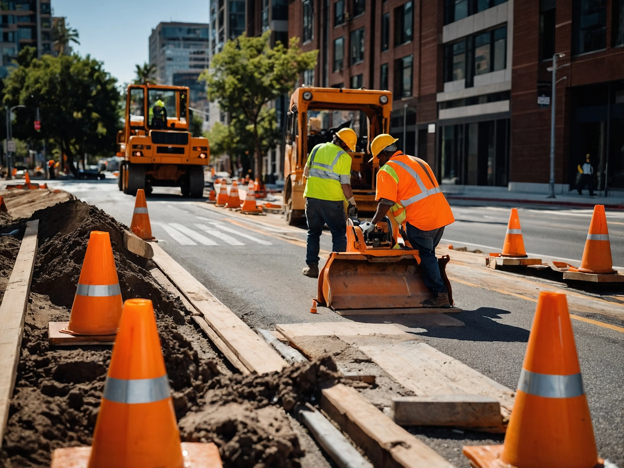 construction-workers-are-working-road-with-orange-cones